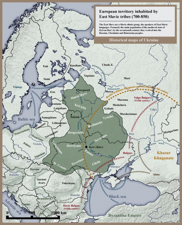 Verspreiding van de Oostelijk-Slavische bevolking rond de 8ste en 9de eeuw.