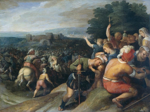 De Bataven sluiten de Romeinen bij Vetera in. Op de voorgrond wordt een gewonde soldaat verzorgd en neemt een andere krijger afscheid van zijn familie.