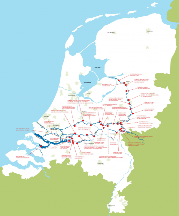 Plekken in Nederland waar de maatregelen voor ruimte voor de rivier worden toegepast.