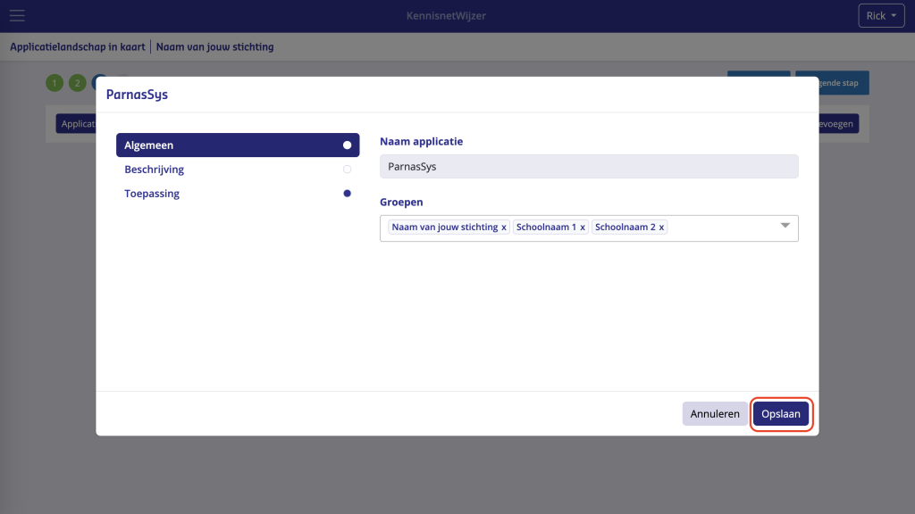 Voeg de applicatie toe door rechtsonder op opslaan te klikken