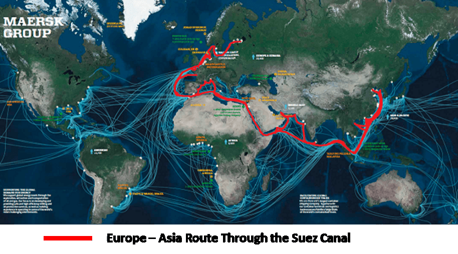 Dit is een afbeelding met de zeeroutes van het grootste zeecontainer bedrijf ter wereld Maersk.