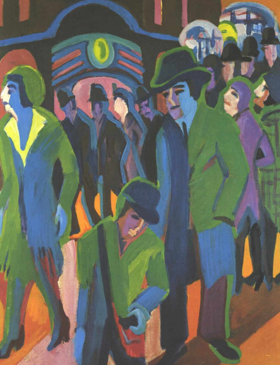 Ernst Ludwig Kirchner : straat met voorbijgangers bij nachtelijke belichting, 1927