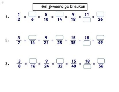 Dit zijn allemaal gelijkwaardige breuken, maak de reeks af. Gelijkwaardige breuken zijn evenveel waard.