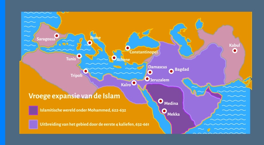 De verspreiding van de Islam. Het begint in het donker paarse en spreid zich verder uit naar het licht paarse gedeelte.