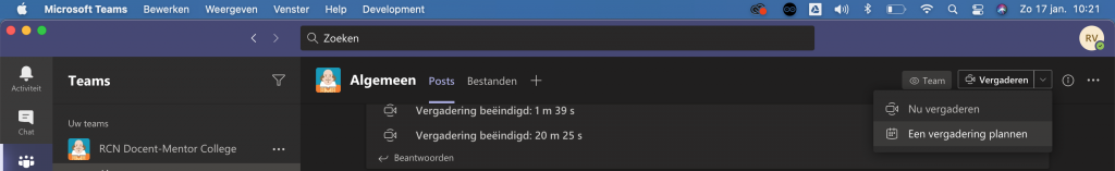 Kies "Vergadering inplannen" rechtsbovenin (je moet in een Team zitten)