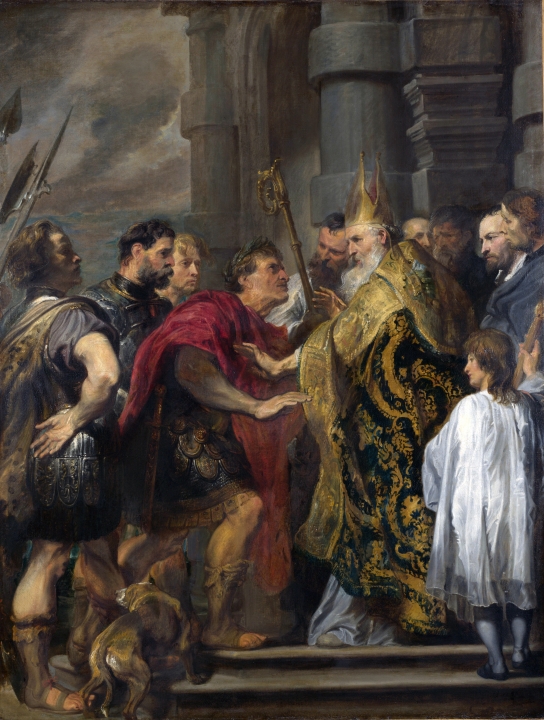 Bisschop Ambrosius zegt tegen keizer Theodosius dat hij niet naar de kerk mag.