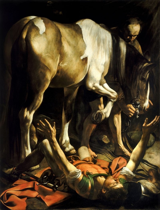 Paulus raakt verblind en valt van zijn paard nadat hij de stem van Jezus heeft gehoord.