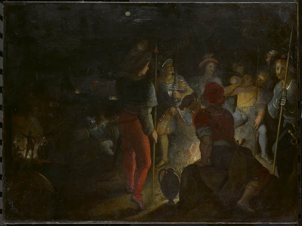 De belegering van Vetera door de Batavieren onder bevel van Claudius Civilis. Gezicht in het legerkamp van de belegeraars waar een groep soldaten zich rond een vuur heeft verzameld.