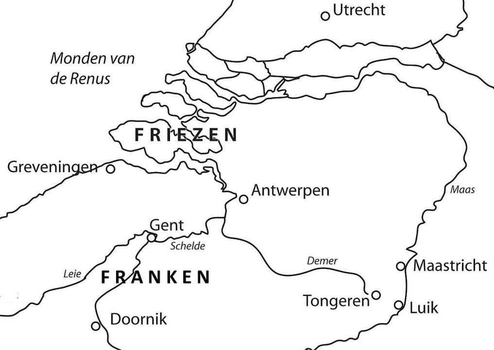 Afbeelding 1: Dit is het gebied dat de Franken en de Friezen in bezit hadden.