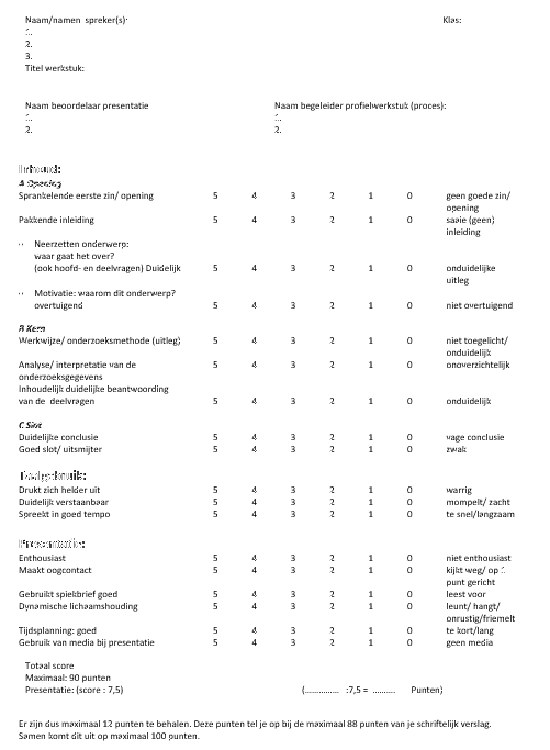 Bijlage 2: Commentaarformulier voor presentatie Profielwerkstuk