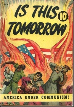 Hier zie je een propaganda poster. Onderaan staat 'Amerika onder het communisme'. Veel mensen werden bang van het communisme.
