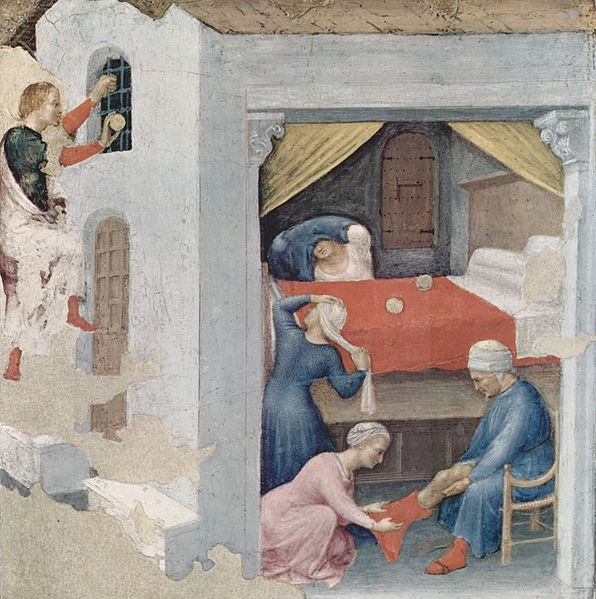 Nicolaas gooit 3 gouden bollen in de kamer van een arme man met 3 dochters (schilderij uit 1425)