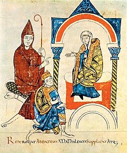 Hendrik IV vraagt Mathilde van Toscane in Canossa of ze een goed woordje voor hem wil doen bij paus Gregorius VII