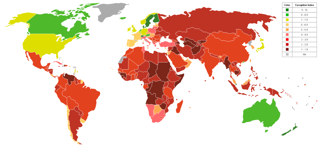 Wereldkaart van de Corruption Perceptions Index door de NGO Transparency International, die "de mate van perceptie van het bestaan van corruptie onder openbare bestuurders en politici" meet. Hoge aantallen (groen) wijzen op relatief weinig corruptie, terwijl lagere aantallen (rood) wijzen op relatief veel corruptie.