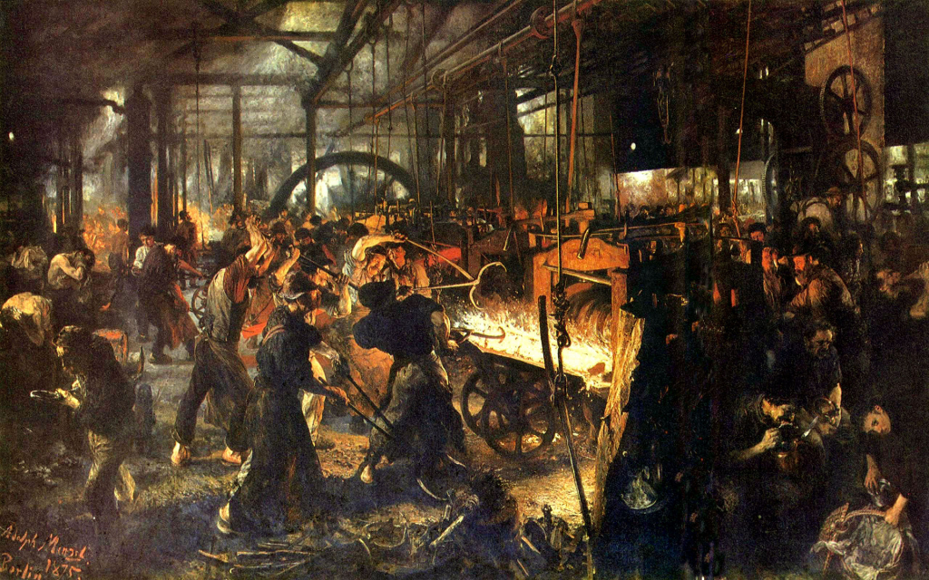 Zwaar werk in een ijzerwalsfabriek in de 19e eeuw
