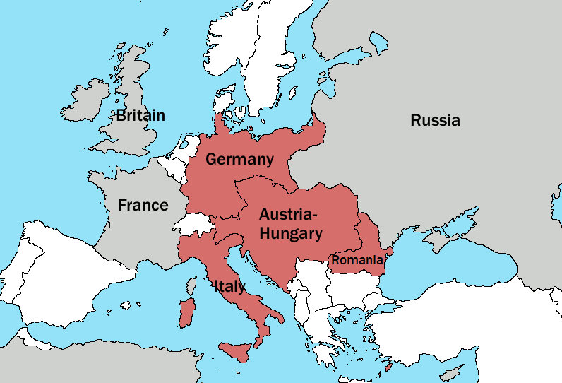 De landen van de Triple Alliantie: Italië, Oostenrijk-Hongarije en Duitsland