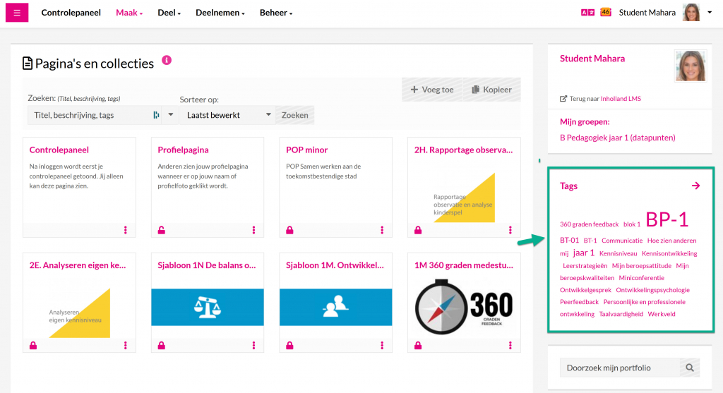 De tag cloud verschijnt aan de rechterkant van de pagina's - 'Pagina's en Collecteis', - 'Bestanden' en - 'Gedeeld door mij'.