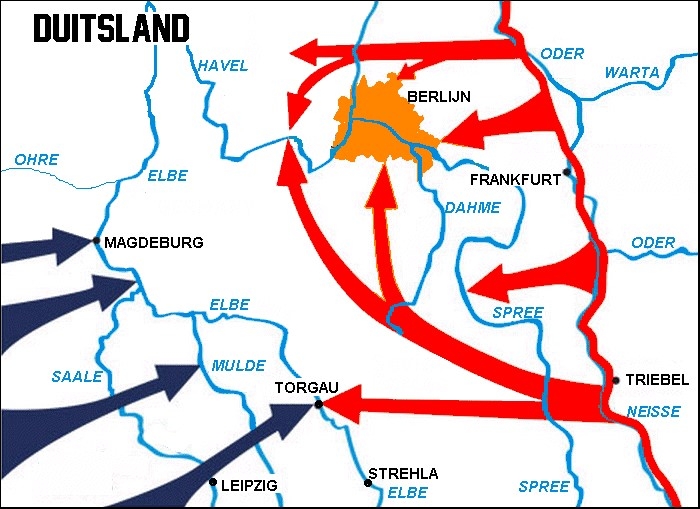 De invasiebeweging van de geallieerden. Sovjets (rood) en westerse geallieerden (blauw).