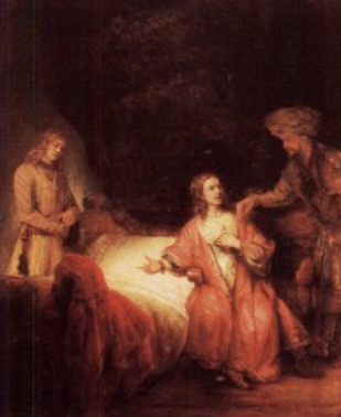 Schilderij van Rembrandt: eerst vrouwelijke toneelspeelster: Adriana Nooseman als Jempser n.a.v. de opvoering van Vondels " Joseph in Dothan "