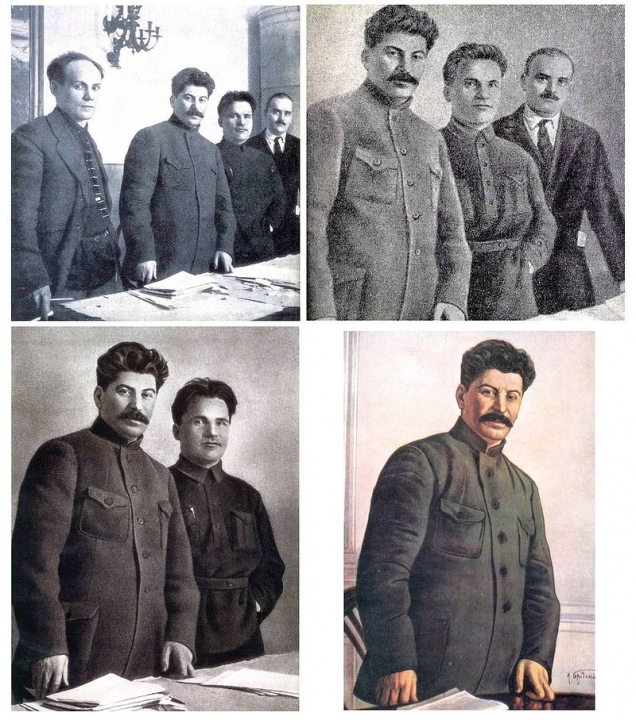 Hier is te zien hoe Stalin foto's liet bewerken om mensen die hij opgepakt had wegens landverraad weg te werken