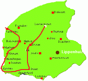 Een voorbeeld van de vorm van de provincie Friesland en een deel van route.