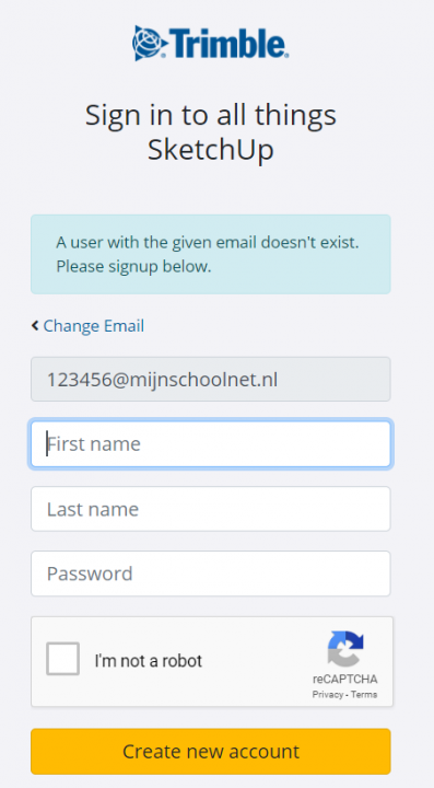 Vul de gevraagde gegevens in en klik op "Create new account"