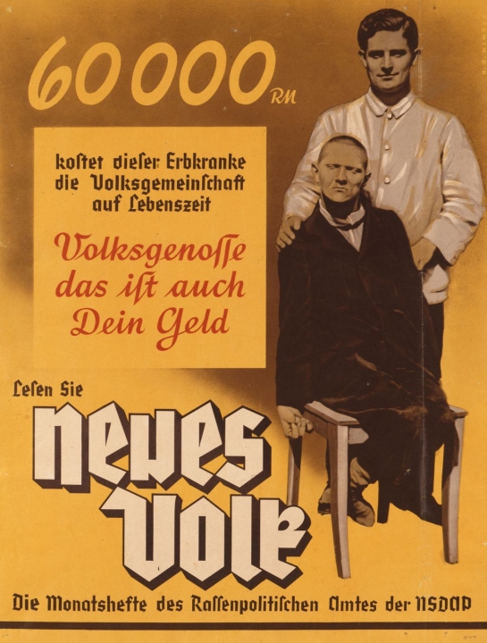 60000 Reichsmark kost deze erfelijke zieke de volksgemeenschap gedurende zijn leven  VOLKSGENOOT DAT IS OOK JOUW GELD  Lees “Neues Volk”, het maandblad van het bureau rassenpolitiek van de NSDAP