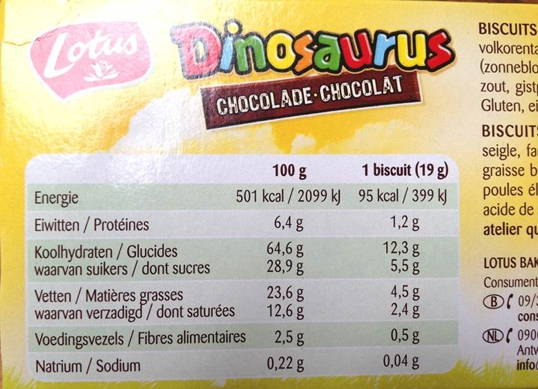 Voedingswaarden; Dinosaurus chocolade biscuit