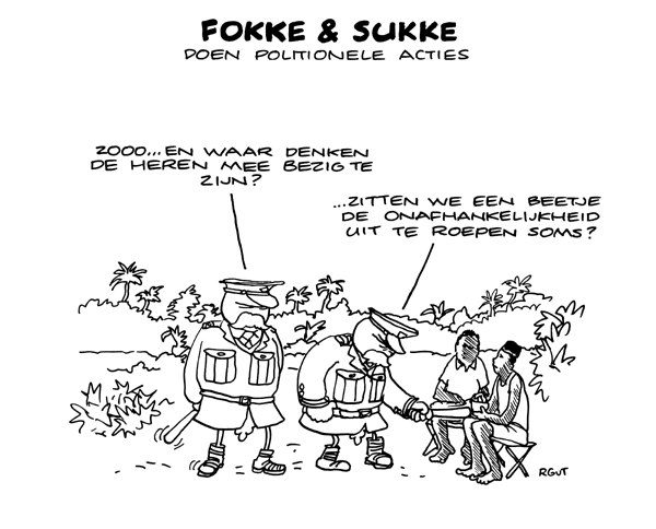 Sportprent: •	Fokke en Sukke doen politionele acties. Op de afbeelding ziet men Fokke en Sukke als Nederlandse soldaten, die twee mannen (Soekarno en Hatta) aanspreken. ‘Zooo.. en waar denken de heren mee bezig te zijn?’ ‘…Zitten we een beetje de onafhankelijkheid uit te roepen soms’. Dit slaat op het feit dat Soekarno en Hatta op 17 augustus 1945 de onafhankelijkheid van Indonesië uitroepen.