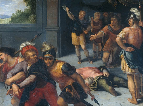 De onthoofding van Julius Paulus en de gevangenneming van Claudius Civilis. Het onthoofde lichaam van Julius Paulus ligt op de vloer tussen enkele Romeinse soldaten, links bergt de beul zijn bijl op. Op de voorgrond wordt Claudius Civilis door soldaten weggevoerd.