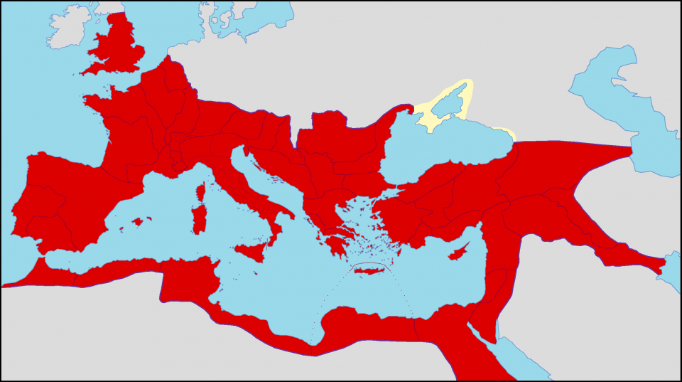 Het Romeinse rijk op zijn grootst (= rood)