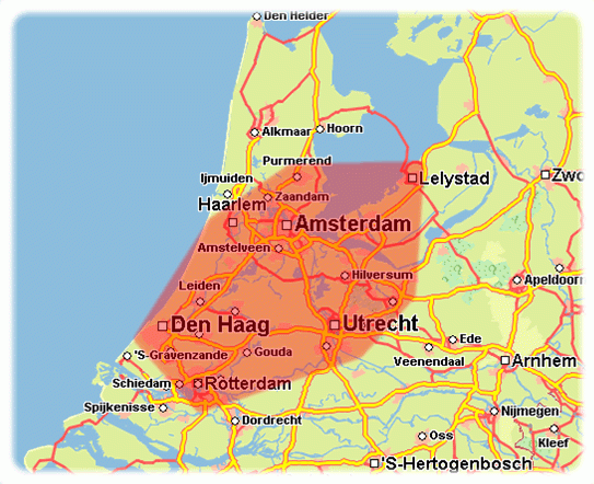 Dit is de Randstad, de grootste steden van Nederland liggen hier en er wonen veel mensen