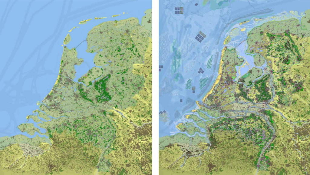 Kaart van actueel Nederland nu als toekomstvisie in 2120 