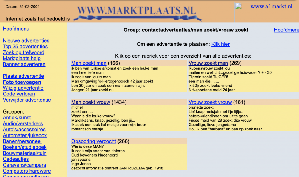 Een screenshot van Marktplaats in 2001