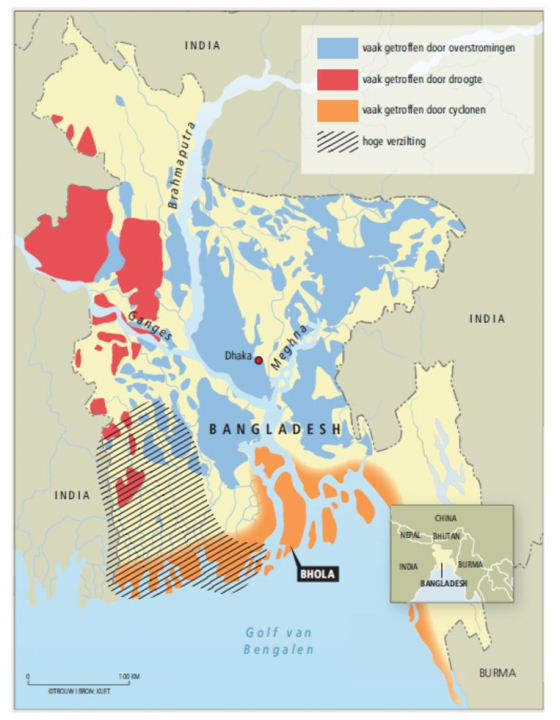 Kaart van Bangladesh waar overstromingen kunnen voorkomen en welke gebieden de meeste overstromingen hebben gehad. (Ludeker, 2015)