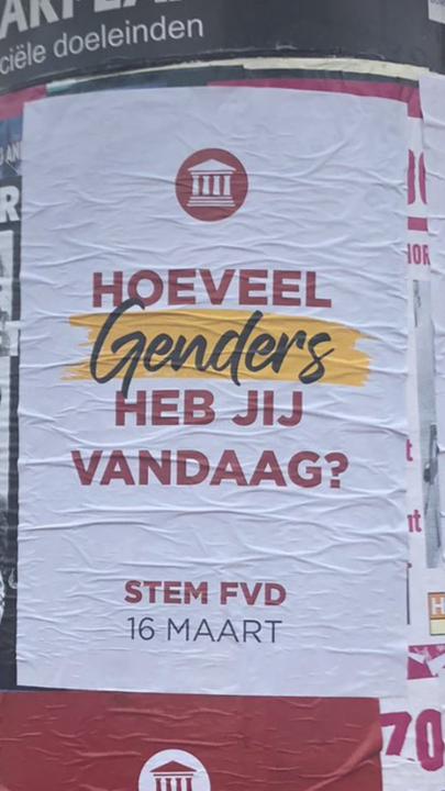 Campagneposter van de FvD: De kritiek op genderidentiteit is een voorbeeld van het willen behouden van meer traditionele verhoudingen tussen mensen