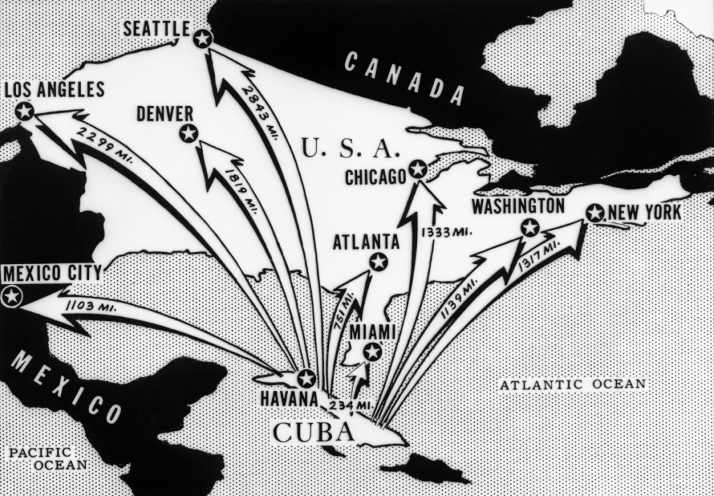 Afbeelding van de afstand die een kernraket vanaf Cuba kan afleggen