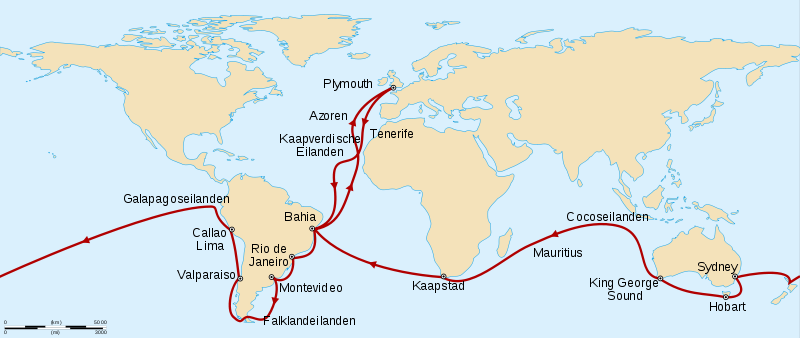 Tekstvak: De route van DE BEAGLE.