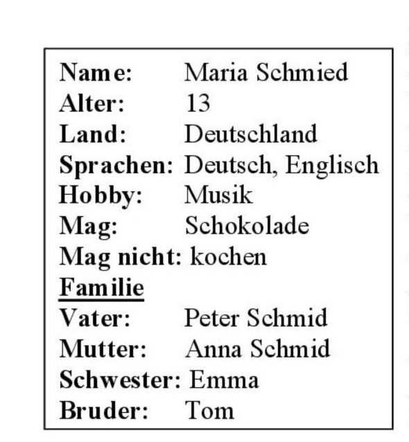 Tekstvak: Name: _________________	 Alter: _________________	 Land: _________________ 	 Sprachen: ______________Hobby: ________________Mag: __________________Mag nicht:  _____________FamilieVater: _________________Mutter:________________	Bruder:________________	Schwester:	 __________