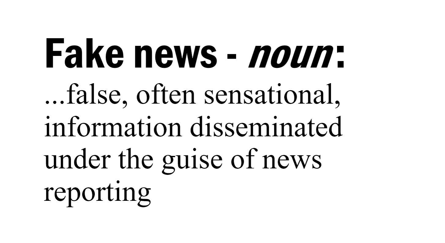 fake news - noun: false, often sensational, information disseminated under the guise of news reporting