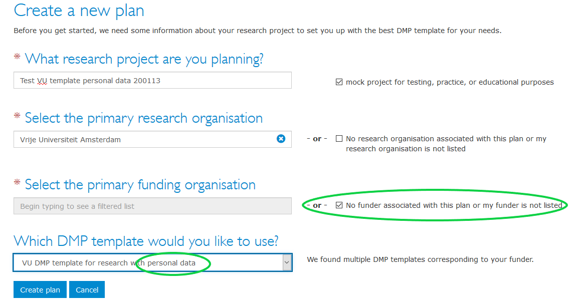 Selecting a VU DMP template in DMPonline