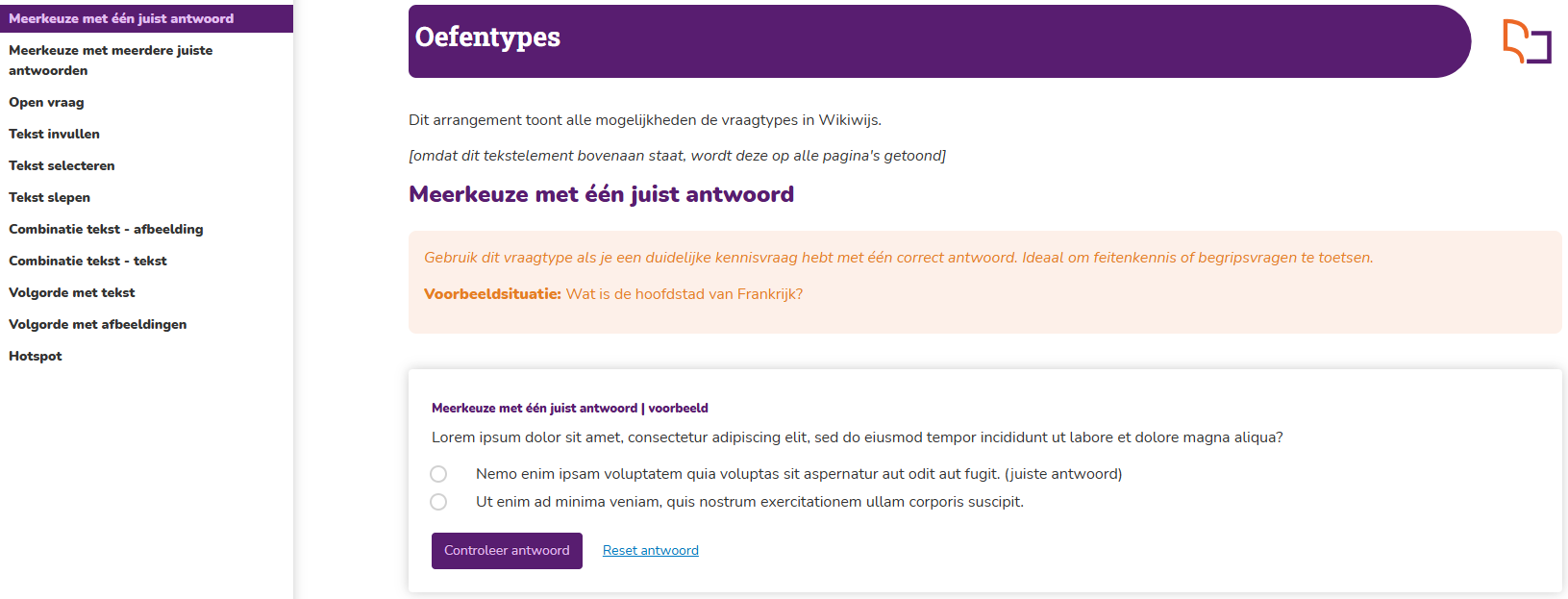 Voorbeeld arrangement uitleg vraagtypes